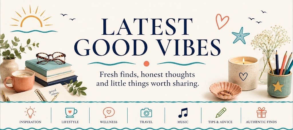 Latest Good Vibes category banner with lifestyle, wellness, travel, music and inspiration icons in Chasing Good Vibes branding.