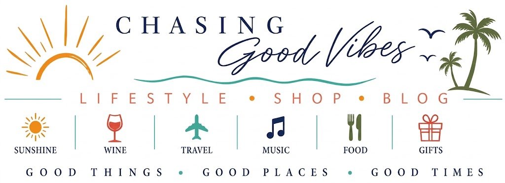 Chasing Good Vibes logo with sunshine, travel, music, food, wine and gift icons, plus Lifestyle Shop Blog branding.