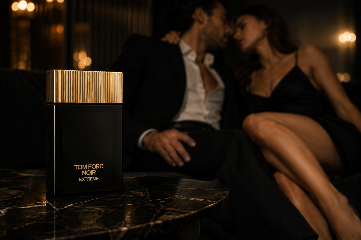 Tom Ford Noir Extreme fragrance in a dark, luxurious evening setting.